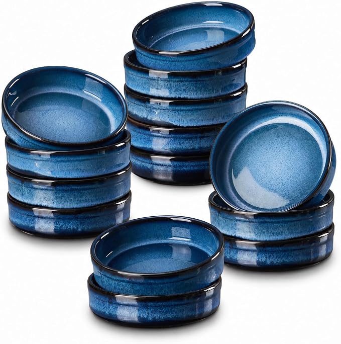 ONEMORE Creme Brulee Ramekins 4 oz Ceramic Ramekin Set of 14, Oven Safe Baking Ramekins, Small Sauce Dishes, Stackable Blue Custard Cups, Dishwasher Microwave Safe