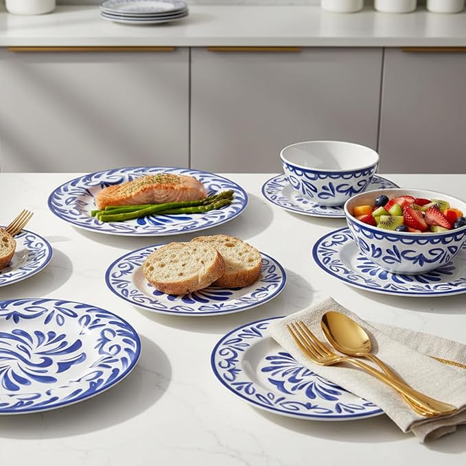 12-Piece Melamine Plates and Bowls Set - Blue & White Dinnerware Set， Service for 4, Lightweight Melamine Dishes Set for Indoor and Outdoor Use，Artistic Blue Floral