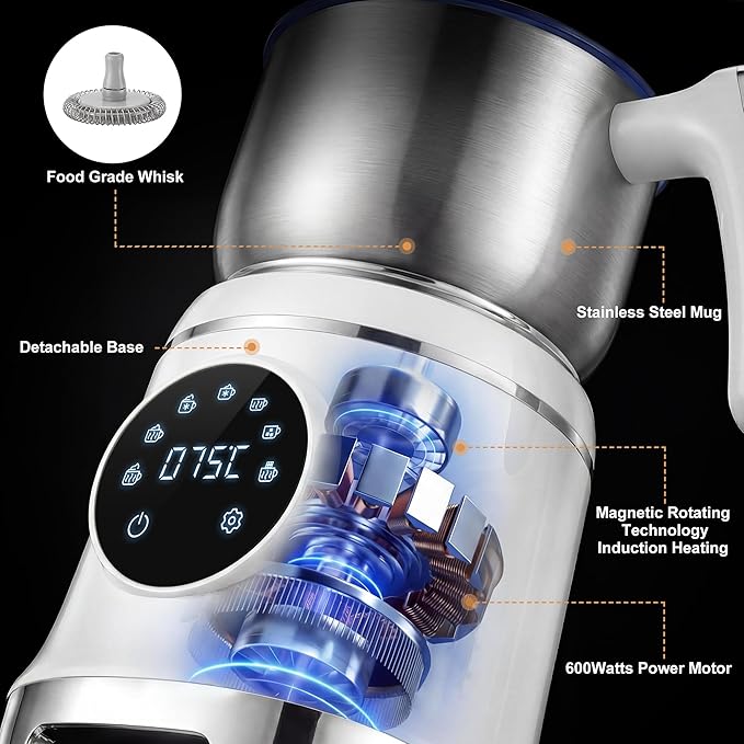 7-IN-1 Milk Frother, 20.3 OZ Milk Frother and Steamer with Temperature Control Stainless Steel Electric Milk Frother Dishwasher Safe Hot and Cold Foam for Latte Hot Chocolate Cocoa (White)