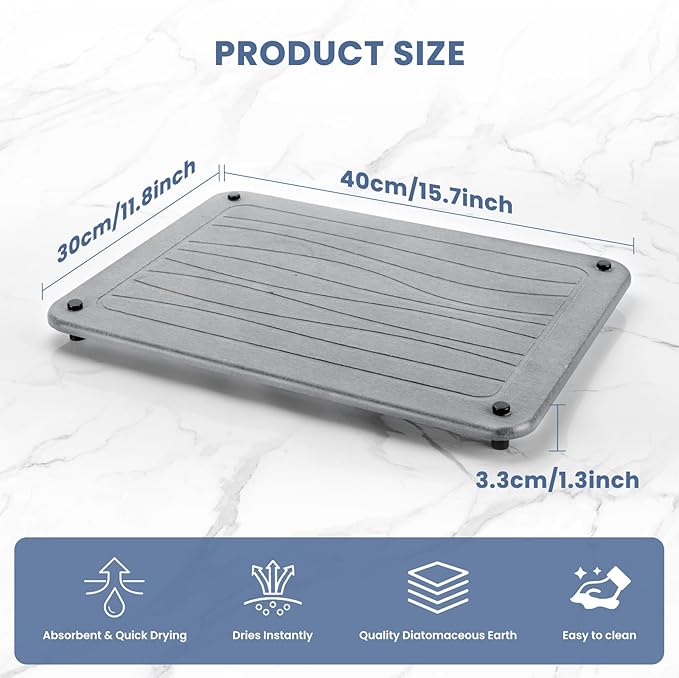 Stone Dish Drying Mats for Kitchen Counter 15.7"x 11.8" Quick Dry Stone Drying Mat Super Absorbent Diatomaceous Earth Drying Mat with 4 Non-Slip Stainless Steel Feet for Dishes&Cups Light Grey
