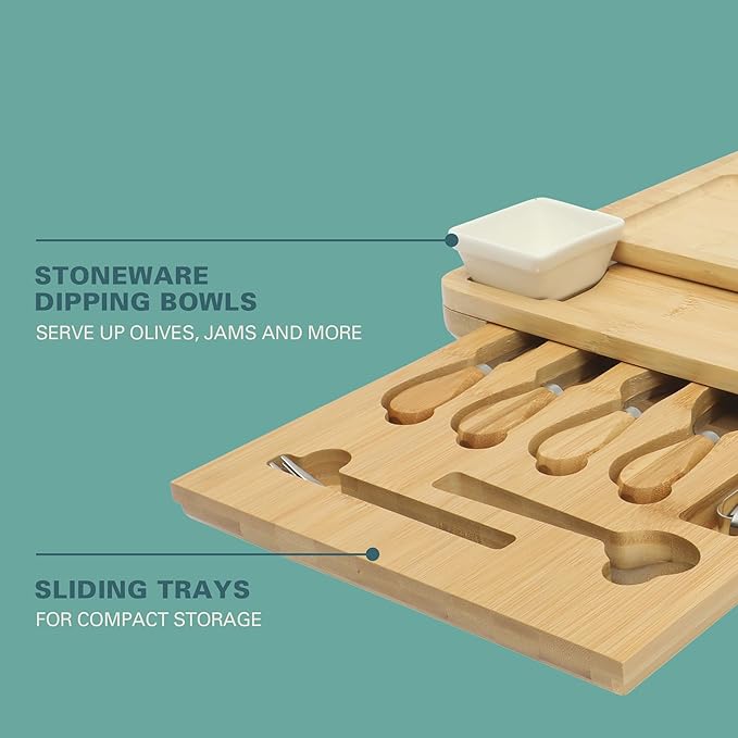 Gibson Home Rustic Inspirations 18-Piece Bamboo Charcuterie Board Set for Serving – Large Cheese & Fruit Tray with Hidden Drawer Ceramic Bowls Utensils – Gift for Entertaining Housewarming Holidays