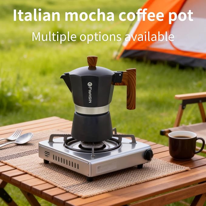 Stovetop Espresso Moka Pot Coffee Maker, Non-slip Wood Grain Handle, Cast Aluminum, Compatible with Gas, and Electric Stoves (Black, 3 cups)