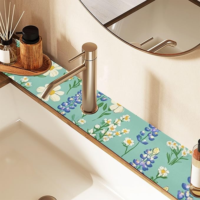 Kitchen Sink Splash Guard 2 PCS 30 Inch Sink Faucet Mat Splash Guard for Bathroom Countertop Water Absorbent Foldable Cuttable Soft Washable Cute Green Bluebonnet and Daisies
