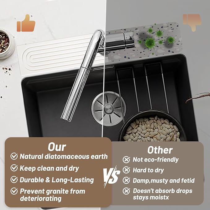 Faucet Mat for Kitchen Sink - 23.6" Diatomite Fast Drying Stone Sink Tray Absorbent Mat Faucet Splash Guard for Kitchen Sink and Bathroom Counter Drying Mat (White, 23.6"x 3.9")