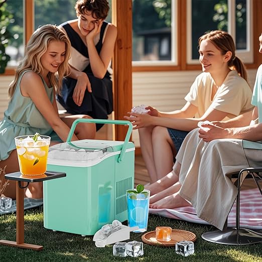 NEWBULIG Ice Makers Countertop with Handle, Portable Ice Machine, 9 Bullet Cubes in 6 Mins, 26lbs in 24Hrs, Auto-Cleaning, with Basket and Scoop, for Home, Kitchen, RV, Camping,Green