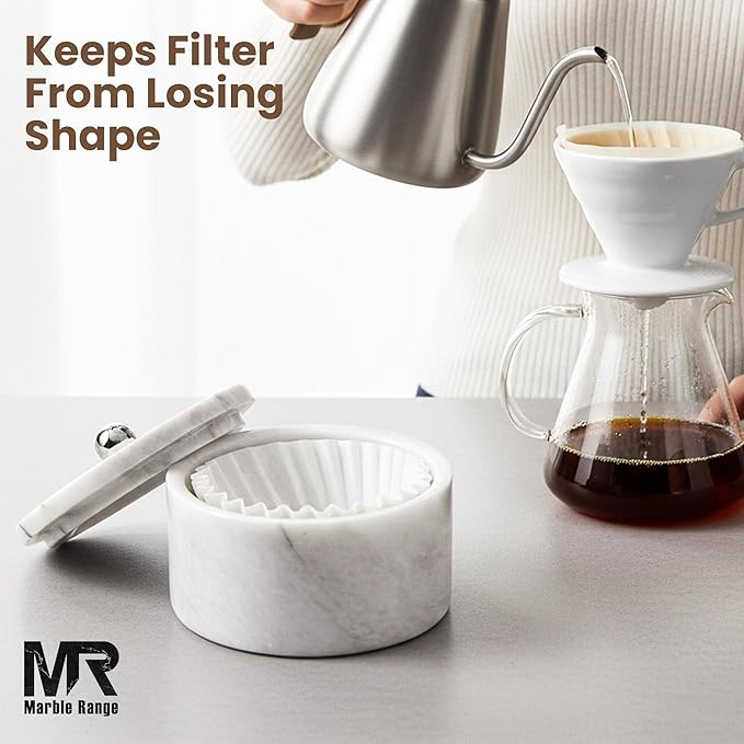 Marble Coffee Filter Holder – 6 inch Handmade White Coffee Filter Holder with Lid, Storage Organizer for Kitchen Countertop & Bar Decor