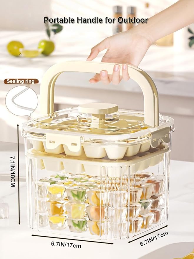6.7*6.7*7.1in Ice Storage Bin w/ Two Small Ice Cube Trays Molds & Scoop for Home Bar, Small Ice Bucket with Sealed Lid for Freezer, Portable Refrigerator Ice Holder Containers for Outdoor Green