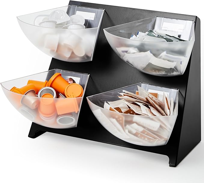 DoubleFill 15.5''x10''x 10.5'' Coffee Condiment Packet Organizer with 4 Removable Compartments Steel Coffee Caddy Station Creamer Sugar Tea Holder for Bar Countertop Office Kitchen Accessories(Black)