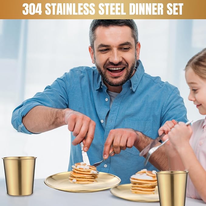 Jinei 24 Pcs 304 Stainless Steel Dinner Set Include 7 Inch 10 Inch Stainless Steel Plates, Bowls and Cups, Reusable Metal Utensils Dinnerware for Home Outdoor Picnic Kitchen (Gold)