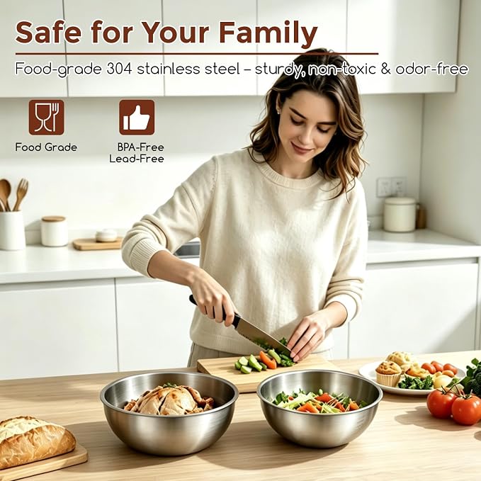 Gronivex 304 Stainless Steel Mixing Bowls, 2-Piece (4.2 & 5.3 Qt) | Food-Grade Metal, Dishwasher Safety, Space-Saving – Extra-Large for Bread Dough, Whole Chicken & Big-Batch Cooking