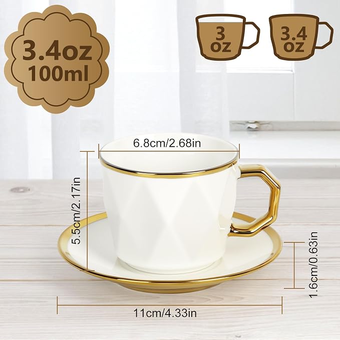 ALIMOTA 3.4oz/100ml Espresso Cups with Saucers, Set of 6, White Porcelain Coffee Cups with Gold Trim & Diamond Texture, Dishwasher Safe, Small Demitasse Cups for Latte, Cappuccino, Tea
