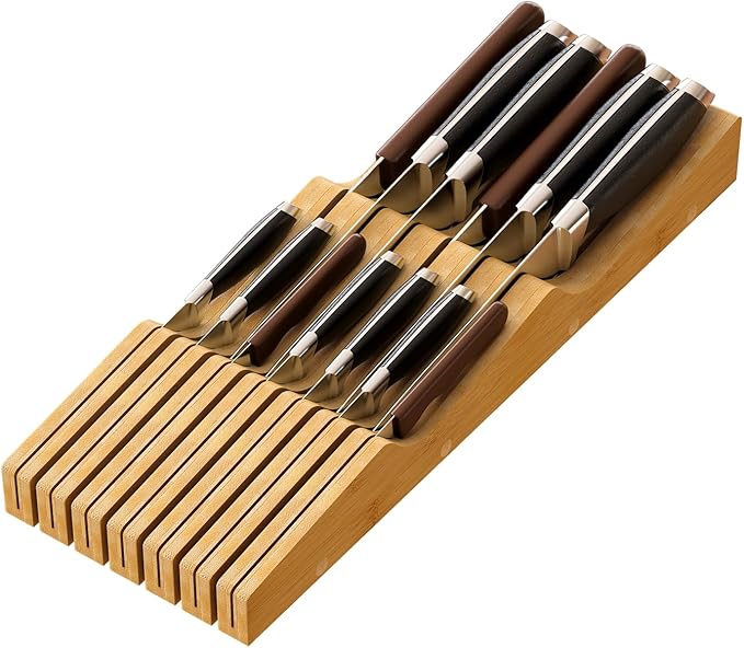 Knife Drawer Organizer, Bamboo Wood In-Drawer Knife Block, Knife Organizer Holds Up To 13 Knives
