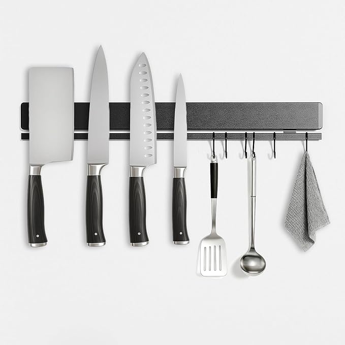 TOUKA 17 Inch Magnetic Knife Holder in Black, 304 Stainless Steel – Double Rods with 12 Hooks for Maximum Strength, No-Drill Adhesive & Screws for Easy Wall Mount
