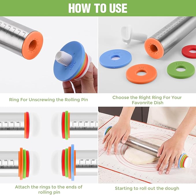 Rolling Pin and Pastry Baking Mat Set, 17-inch Rolling Pins with Adjustable Thickness Rings, Stainless Steel Dough Roller for Baking Fondant, Pizza, Pie, Pastry, Pasta, Cookies (Red)