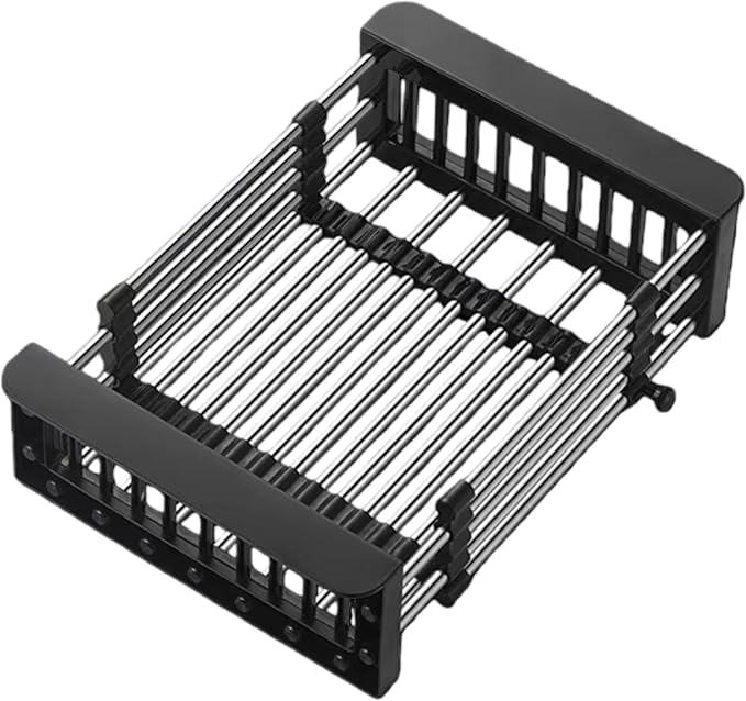 Kitchen Sink Drain Basket Adjustable Over Dish Drying Rack Stainless Steel Drain Basket for Vegetables Fruits Plates Fruits (Black,Big)