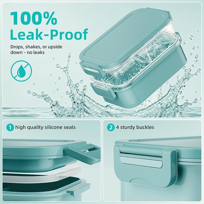 DaCool Adults Lunchbox Bento Box with Lunch Bag- 74 OZ All-in-One Stackable Lunch Box for Adults Kids Leakproof Bento Large Lunch Box Containers with Fork Spoon Sauce Box for Work School (Green)