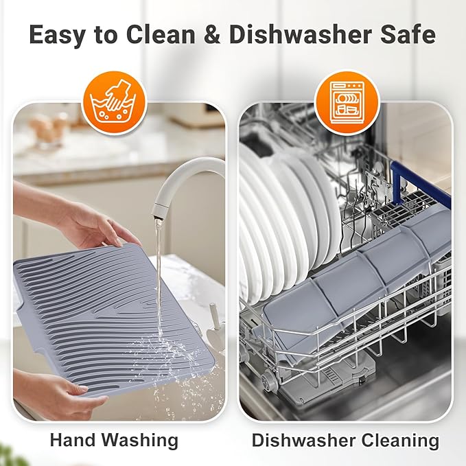 Silicone Dish Drying Mat for Kitchen Counter, Dish Drying Pad, Non-Slip Drain Pad with Built-in Drain, Heat Resistant Stone Drying Mat