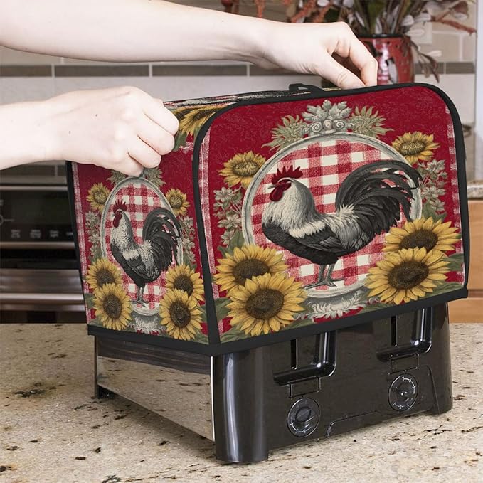 Red Retro Rooster 2 Slice Toaster Cover Dust And Fingerprint Bread Maker Cover Bakeware Protector Washable Appliance Covers Kitchen Accessories For Home Kitchen Women Gift