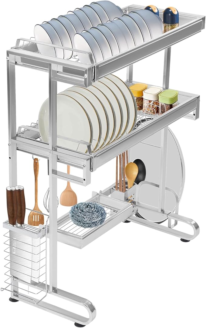 Over The Sink Dish Drying Rack 2 Tiers 11.42 x 30.12In Retractable Design Dish Drainers Drying Rack, Large Dish Rack for Home Kitchens