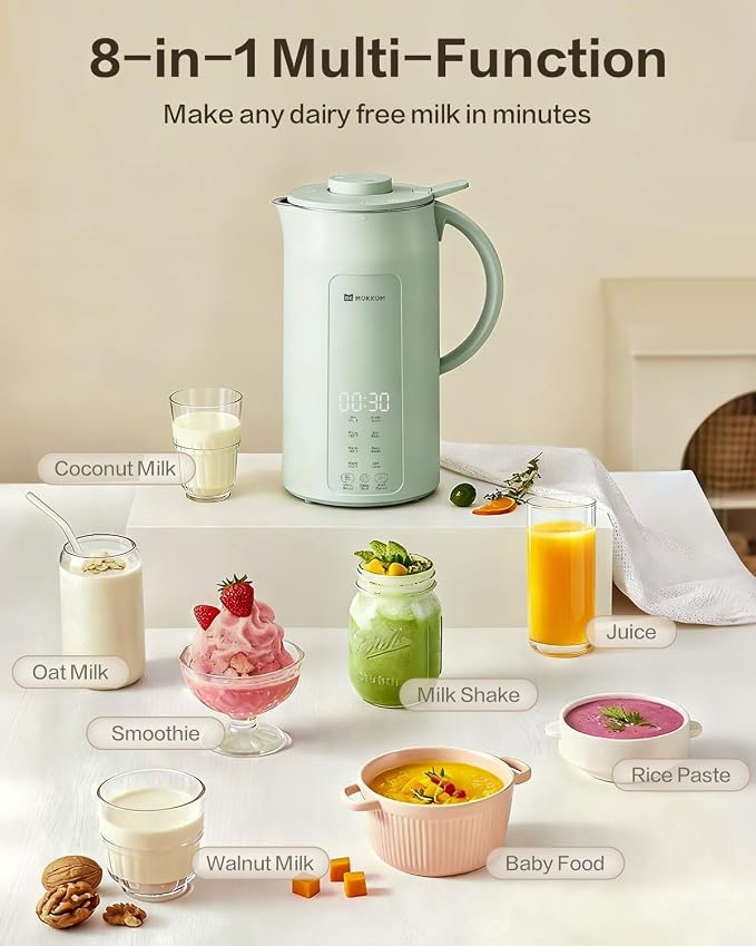 MOKKOM Nut Milk Maker, 42oz Automatic Almond Milk Machine for Homemade Plant-Based Milk, Oats, Soy, Dairy Free Beverages, Soy Milk Maker with Delay Start/Keep Warm/Self-Cleaning/Boiling, Green