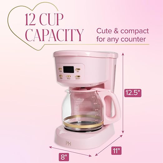 Paris Hilton Digital Coffee Maker, 12-Cup Programmable Drip Coffee Machine with Reusable Filter, Bold Brew, Auto Pause and Serve, Keep-Warm Plate, Glass Carafe, Pink