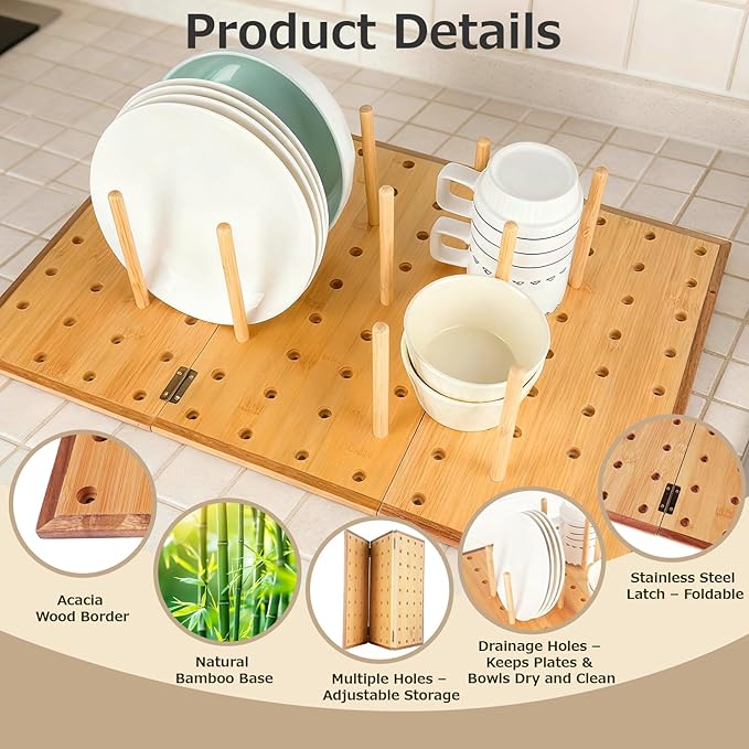 Foldable Pegboard Organizer for Kitchen – Bamboo Base & Acacia Wood Edge Dish Rack for Kitchen Countertop, and Drawer, 24 Pegs, 23.6" x 15.7"