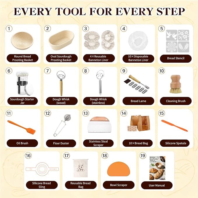Sourdough Bread Baking Supplies, Sourdough Starter Kit, Banneton Bread Proofing Basket Tools Set, Ideal Gifts for Bakers Women Mom Wife