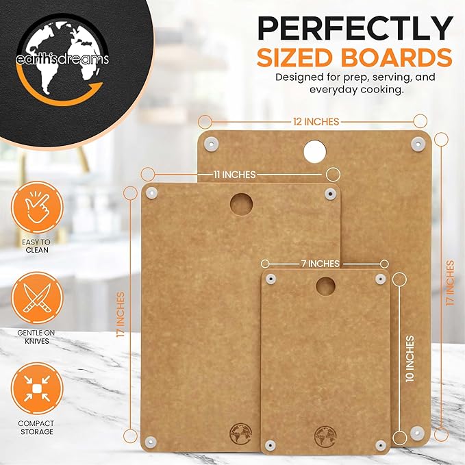 Composite Wood Cutting Board Set of 3 – Dishwasher Safe, Non-Toxic & Plastic-Free Cutting Boards for Kitchen – Large, Medium & Small Non-Slip Wood Charcuterie & Chopping Boards (Tan)
