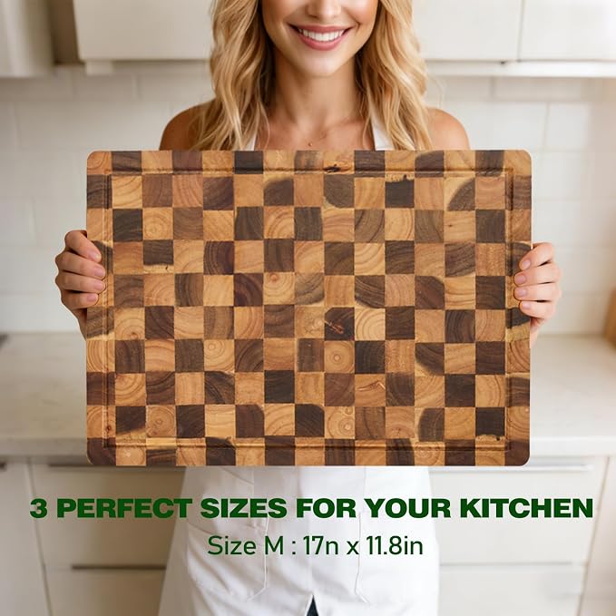 Acacia Wood Cutting Boards for Kitchen, Checkered Chopping Board with Juice Grooves & Handles, Large Butcher Block Serving Tray with Non‑Slip Feet, 17" x 11.8" x 1.5"