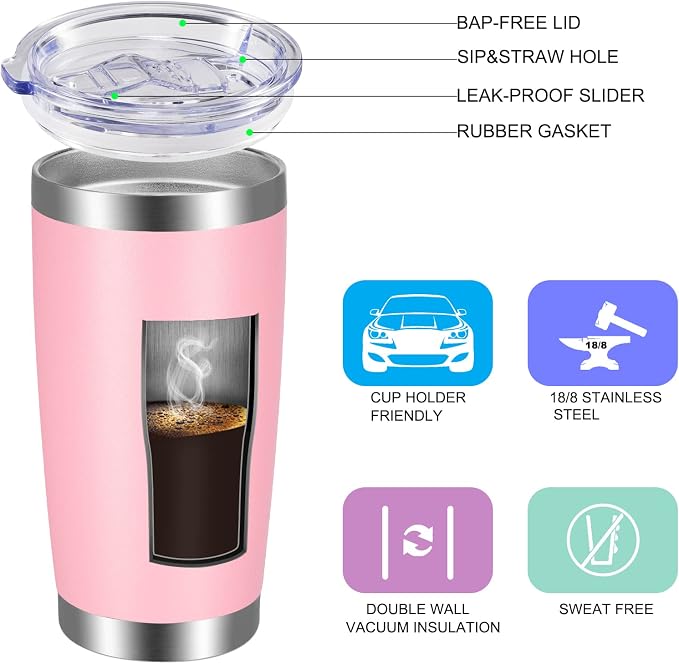 VEGOND 20oz Tumbler with Lid and Straw Stainless Steel Tumbler Cup Vacuum Insulated Double Wall Travel Coffee Mug Powder Coated Coffee Cup, Pink, 1 Pack