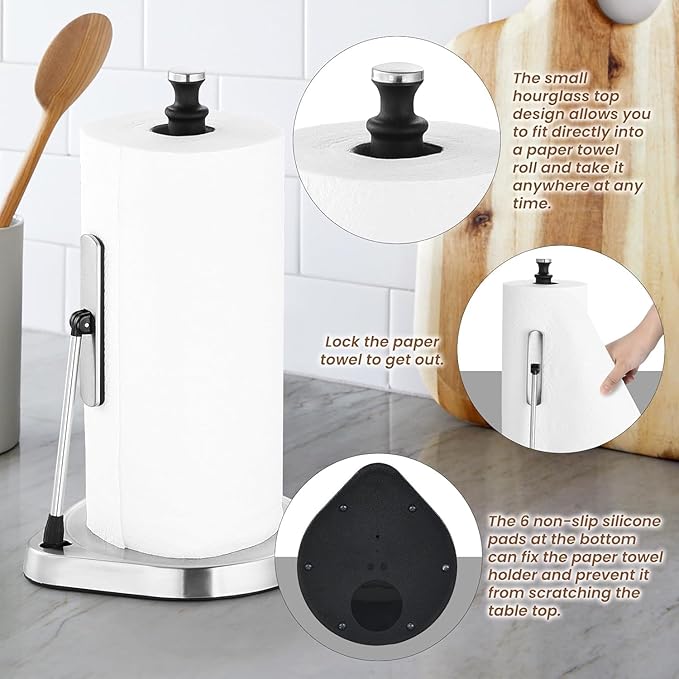 Dailyart Paper Towel Holder for One Hand Tear - Countertop with Tension Arm & Non Slip Weighted Base, Stainless Steel Paper Towel Holder Stand for Kitchen Bathroom, Black