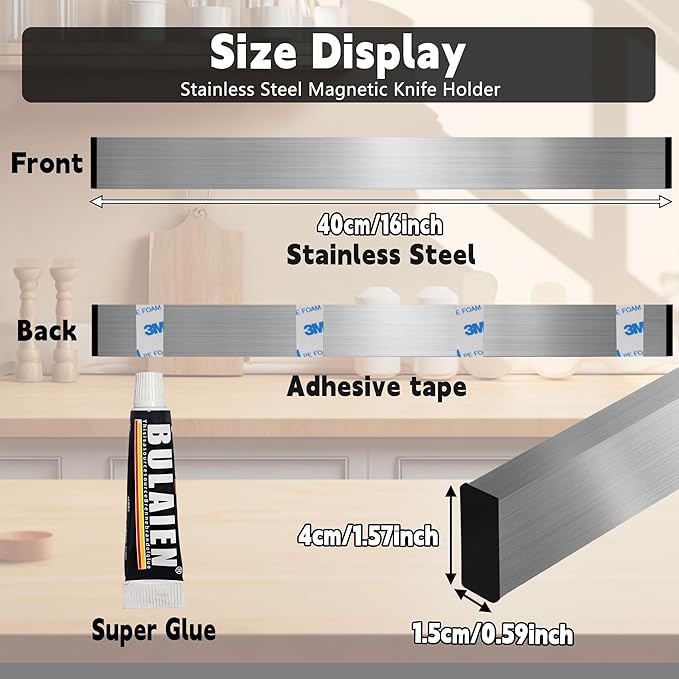 Magnetic Knife Holder for Wall 16 Inch, Strong Adhesive No Drill, Professional Knife Strip, No Screws Needed, Adhesive Backing, Stainless Steel Knife Bar
