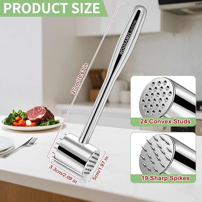 2-in-1 Real 316L Stainless Steel Meat Tenderizer Mallet Hammer, Professional Meat Pounder with 19 Sharp Needle Spikes, Dual-Sided Heavy Duty 1.09lb Versatile Kitchen Tool,Solid & Dishwasher Safe