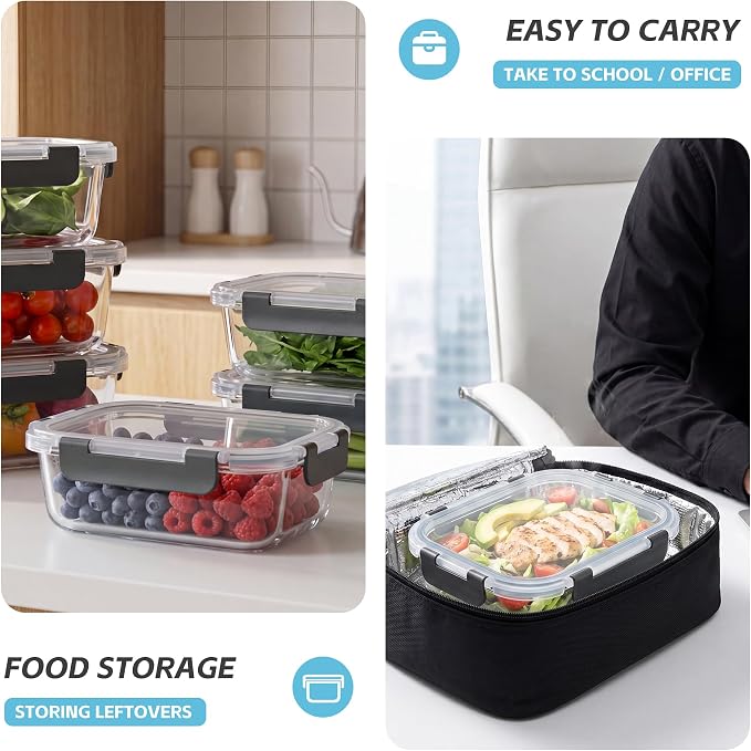 6-Pack 22oz Glass Meal Prep Containers with Lids, Airtight Leakproof Snap Lock Food Storage, Freezer, Microwave, Oven & Dishwasher Safe Bento Boxes for Meal Prepping, Grey