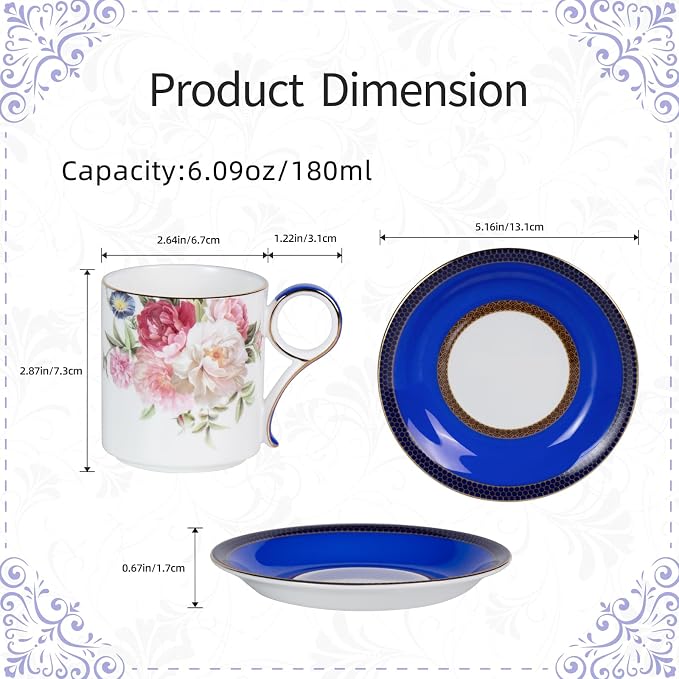 KAMMAK Tea Cups and Saucers Set of 2, Porcelain Coffee Cups, Stackable Espresso Mugs, Ceramic Demitasse for Coffee, Cappuccino, Latte, Americano, Tea, Blue