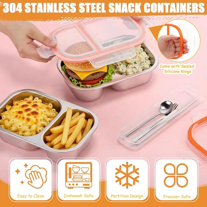 36 Pcs Stainless Steel Snack Containers Set with Fork, Knife, Spoon & Chopsticks – 6 Pack 27 oz Leakproof Bento Snack Boxes, 2-compartment Food Storage Container for Snacks, Fruits, Meal Prep & Travel