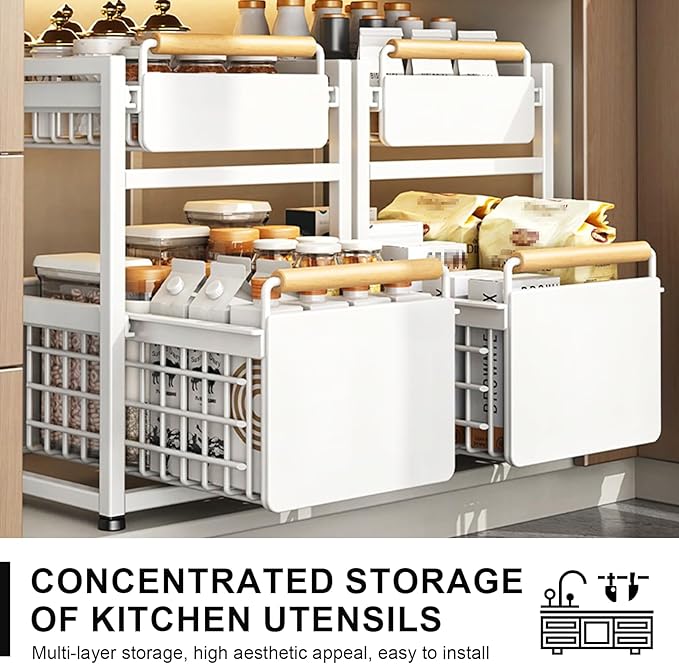 2 Tier Pull-out Storage Organizer, Slide Out Kitchen Cabinet Storage Sliding Shelves, Under Sink Organizers Drawer, Mesh Cabinet Basket with Handle for Bathroom, Home(White, Single Layer S)