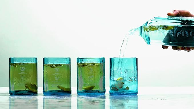 Upcycled Bombay Sapphire Gin Glasses and Pitcher Set of 5 | Eco-friendly Glasses for Drinks Handcrafted from Gin bottles | Ideal for Gin, Whiskey, Rum, Juices, Smoothies, Cocktails