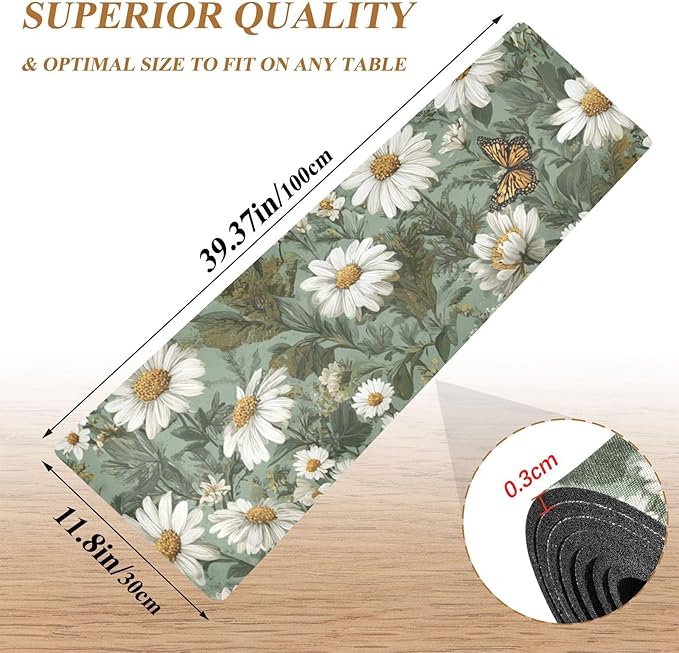 2 in 1 Table Runner Trivet for Hot Pots and Pans Heat Resistant Non Slip Waterproof 39 x 12 Inch Decorative Table Protector for Kitchen Countertop Summer Daisy Butterfly Green