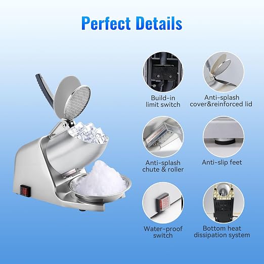 Electric Ice Shaver Machine, 226 lbs/h & 4-Blade, 300W Ice Crusher for Home Use & Commercial, Shaved Ice Machine, Extra Blades & Ice Pick, ETL-Listed