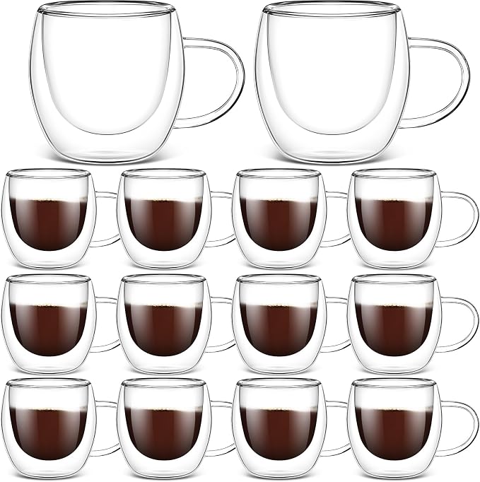 Didaey 16 Pack 8 oz Glass Coffee Mugs Clear Insulated Glass Espresso Coffee Cups with Handle Cafe Mugs Set Borosilicate Glassware Cups for Tea Latte Hot Iced Beverages