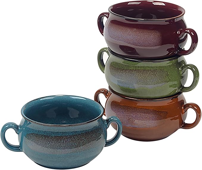 Stoneware 24oz Reactive Glaze Soup Crocks Set of 4: Perfect for soups, stews, and casseroles. Unique reactive glaze, oven-safe, microwave- and dishwasher-friendly with easy-grip handles for serving.