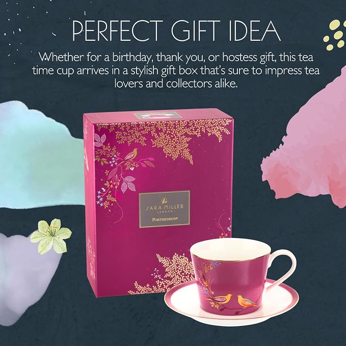 Portmeirion Sara Miller London Chelsea Teacup and Saucer, Pink | 8 Oz Cup for Drinking Tea and Coffee | Made from Fine China with Gold Detail | Handwash Only