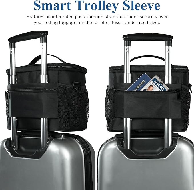 Gloppie Flight Crew Lunch Bag with Luggage Trolley Sleeve - Professional Insulated Cooler Bag for Flight Attendants & Pilots, Leakproof Lunch Box with Reinforced Structure for Travel & Work, Black