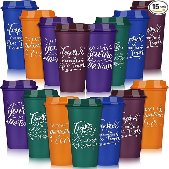 Pickmesh 15 Pcs Employee Appreciation Gifts Bulk 16 oz Plastic Tumblers with Lids Graduation Teacher Appreciation Gifts Reusable Coffee Cups for Staff Volunteer Coworker Team (Multicolor)