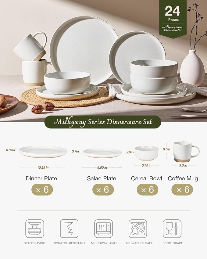 Famiware Milkyway Stoneware Dinnerware Sets with Mugs, Service for 6 (24 Pieces), Plates and Bowls Sets -Scratch Resistant, Microwave and Dishwasher Safe Dishes Set, White
