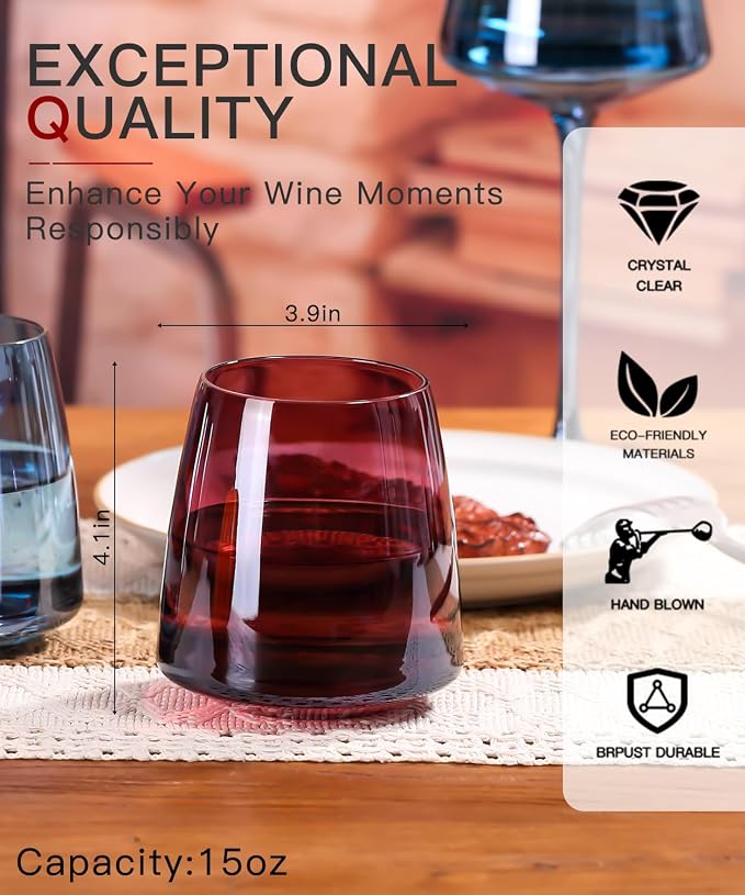 comfit Stemless Colored Wine Glasses Set of 6-15oz Colorful Wine Glasses,Perfect Red Wine Glass Stemware for Wine Lover in Wedding,Engagement Gifts