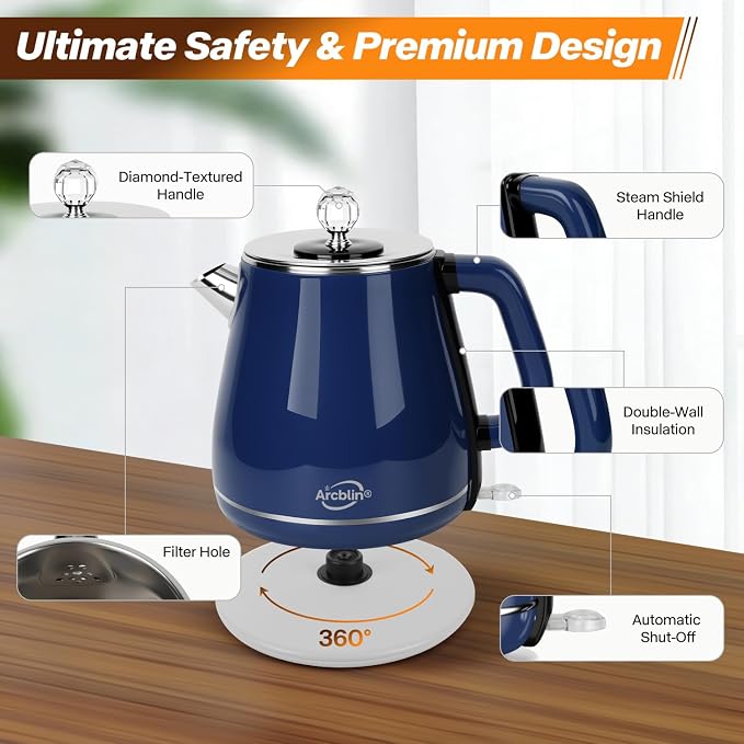 Vintage Electric Kettle 1.8L, Stainless Steel Electric Hot Water Kettle for Boiling Water, 1350W Fast Boil, BPA Free, Electric Tea Kettles Automatic Shut Off, Boil-Dry Protection, Navy Blue