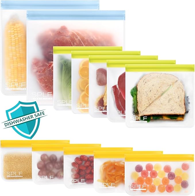 SPLF 12 Pack Dishwasher Safe Reusable Bags, Leakproof Reusable Freezer Bags, BPA Free Food Storage Bags for Lunch, Meal Prep, Marinate, Veggies, Travel - 2 Gallon 5 Sandwich 5 Snack