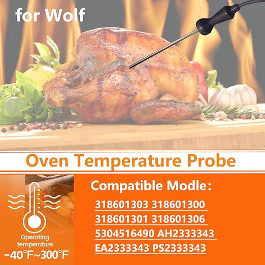 Wolf Oven Temperature Probe 318601302 26in Food-Grade Silicore Wire & 304 Stainless Steel, High Accuracy +/-0.05% Genuine Replacement for Model 5304503737
